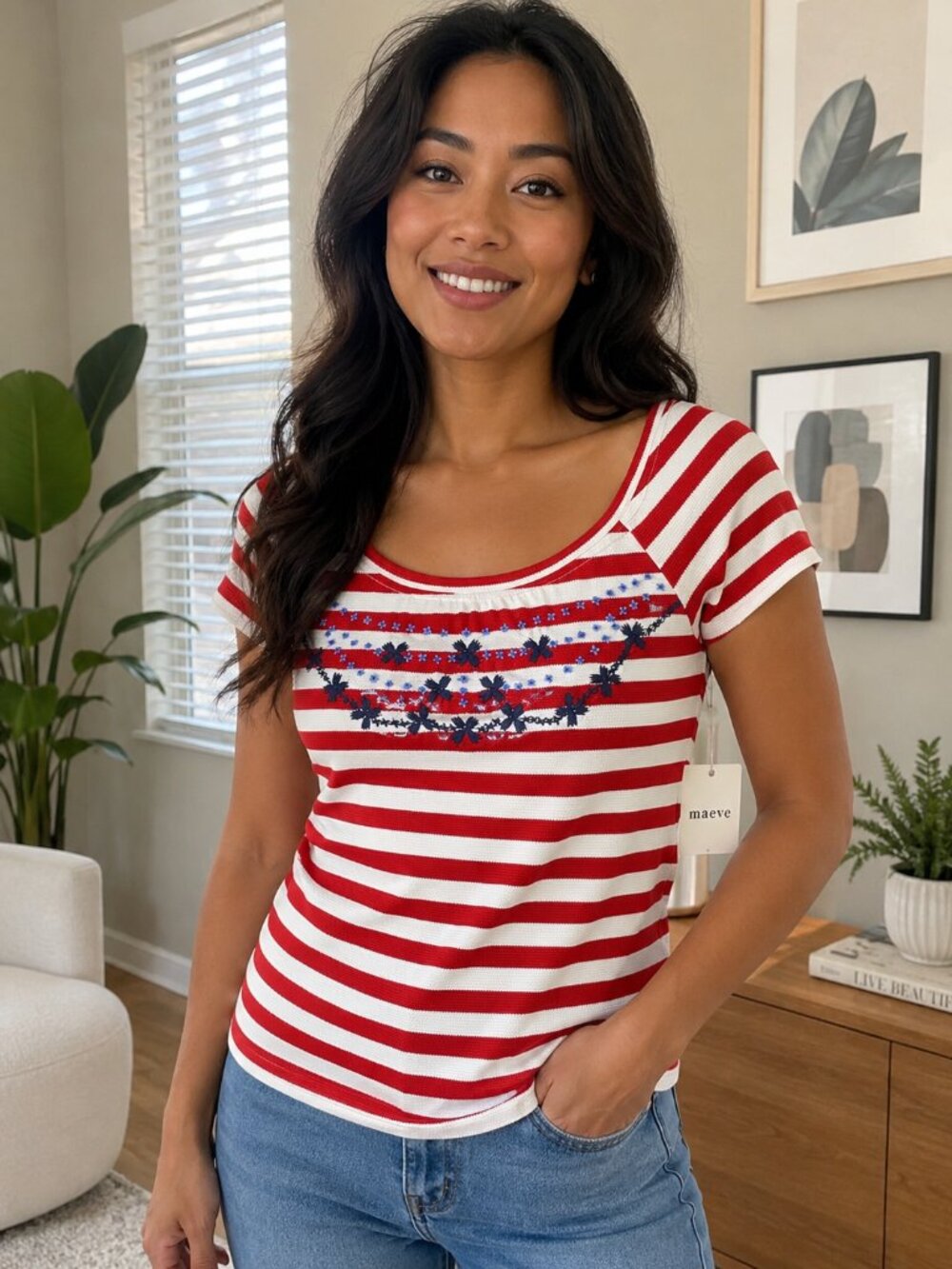 Anthropologie Red White Striped Maeve Embroidered Flowers Scoop-Neck Tee Top